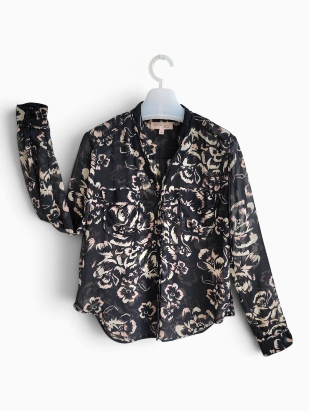 Philosophy Floral Sheer Blouse L Black Pink Button Front Romantic Boho Chic